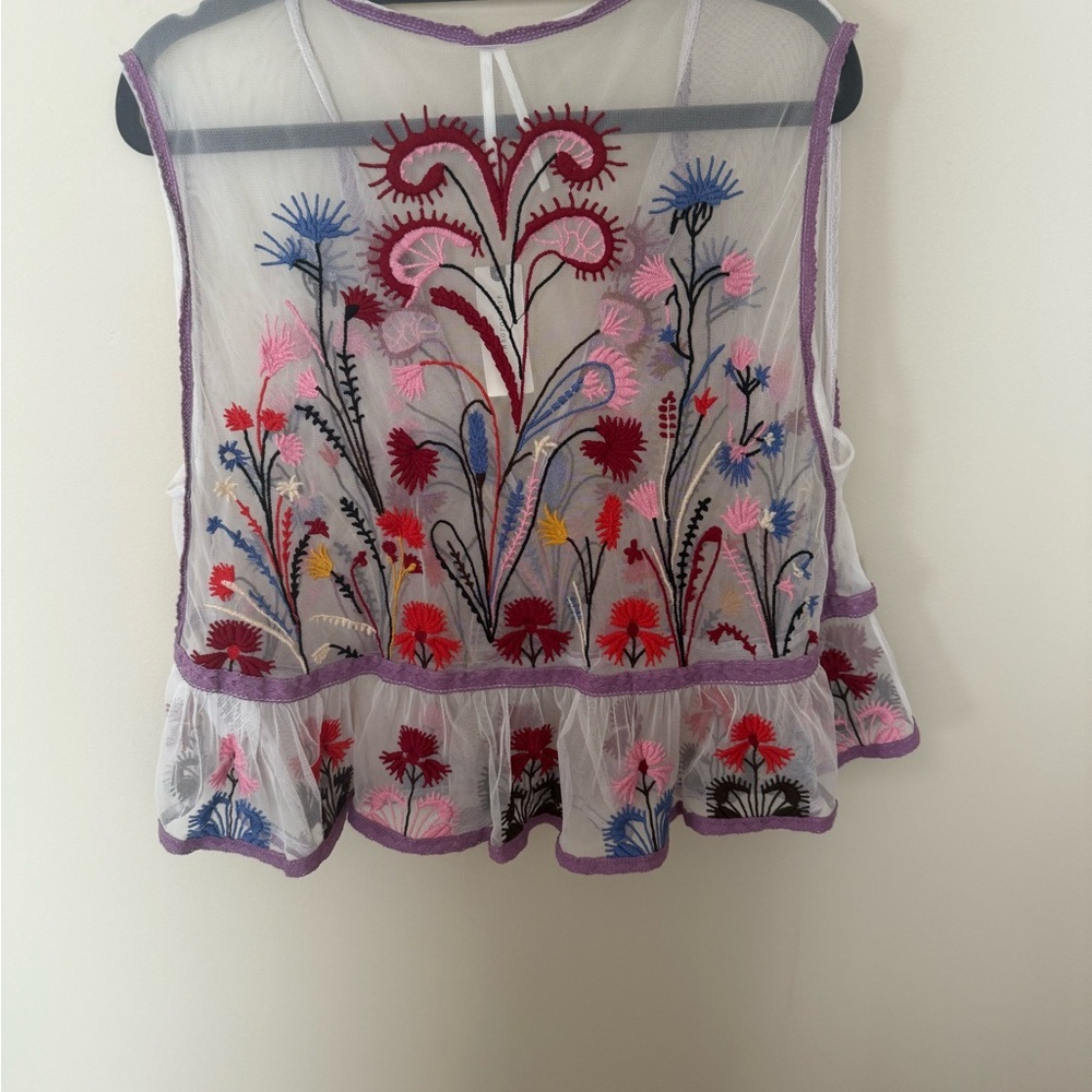 ✨ Maeve Anthropologie Cammie Embroidered Mesh Peplum Top - Sheer Floral - Size S - Picture 4 of 8